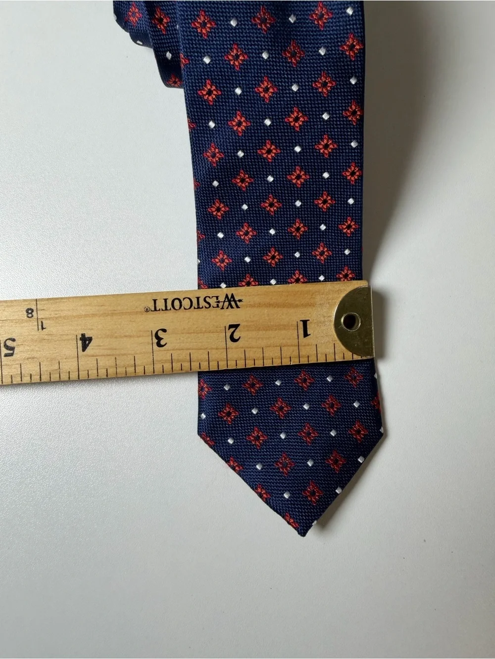 J. Crew The Silk Tie Modern Slim Navy Tie with Red Geometric Pattern 100% Silk